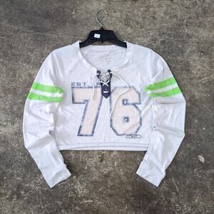 Seattle Seahawks Crop Top Shirt Womens M White Rainbow Chip Lace Up Cropped